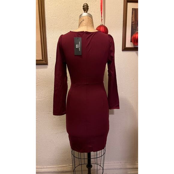 Sarin Mathews Deep V Neck Ruched Long Sleeve Mini Dress Burgandy NWT Size S - Picture 5 of 6